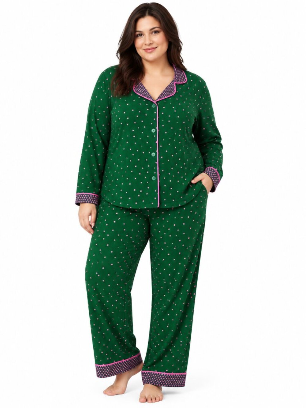 Room Service Women's XXL Green Pink Star Print 2 Piece Pajama Set NWT